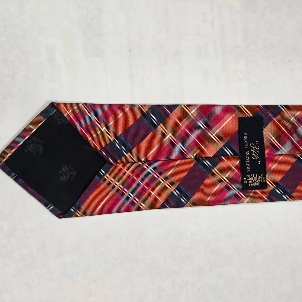 Brooks Brothers 346 Mens Silk Plaid Tie Orange Burgundy Navy‎ Blue Made in USA